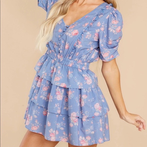 Loveshackfancy Roth Floral Tiered Ruffle Cotton Dress In Faded Denim Size M - Picture 1 of 7
